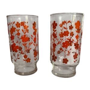 VTG Libby (?) Orange Flower Floral Drinking Glasses (2) Tumbler MCM Cottagecore